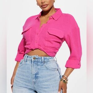 FashionNova Twist Front Cropped Gauze Shirt - Hot Pink